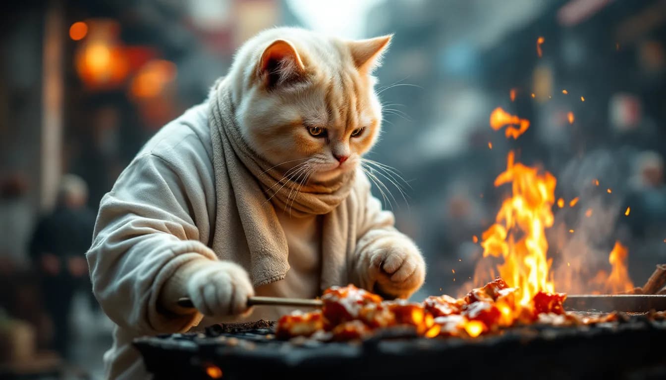 AI generated: Dramatic photo, panorama, full body, anthropomorphic real cute creamy cat, wearing old white sweatsh...