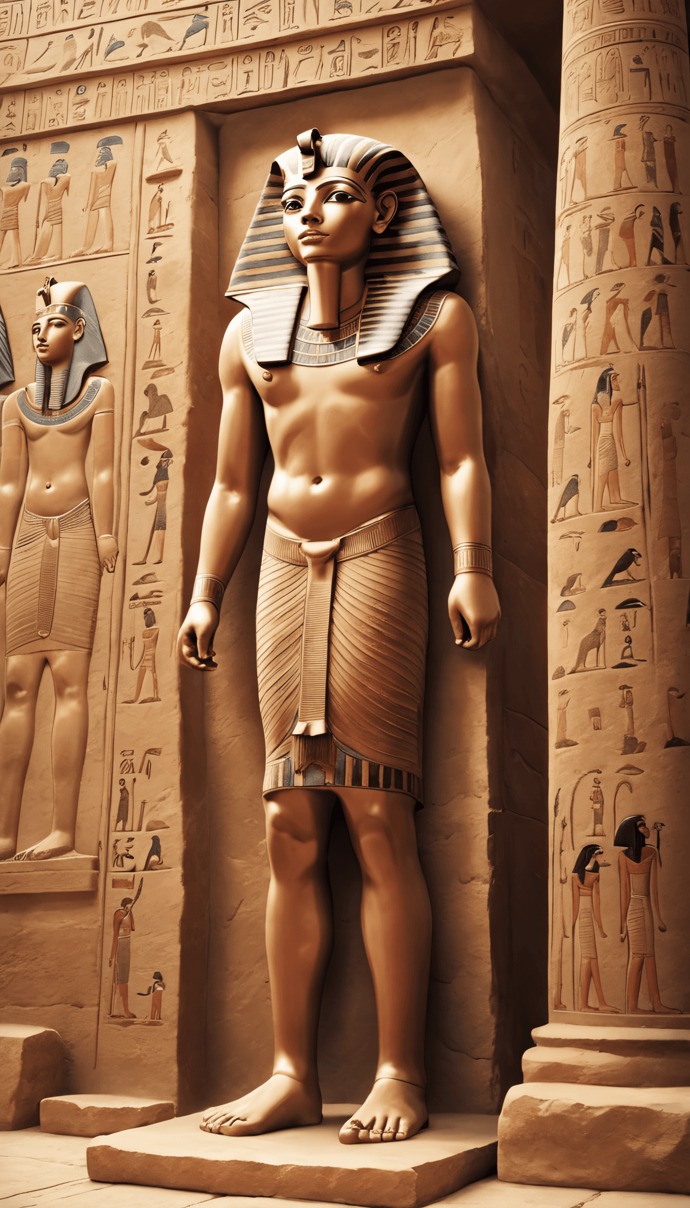 AI generated: Masterpiece, Best Quality, Ancient Egyptian style , A teenage Boy,. Hieroglyphs, statues, sarcophagi...