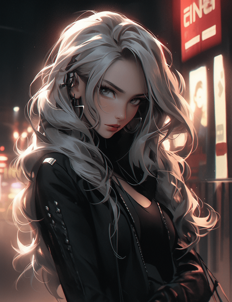 AI generated: an image of a woman in black leather near a neon sign, in the style of cyberpunk manga, ruslan loban...