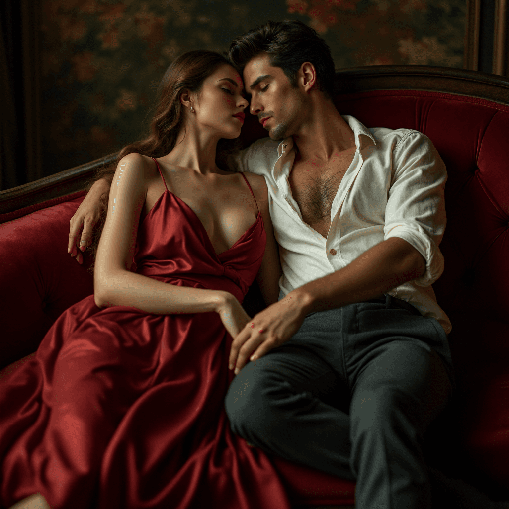 AI generated: A young couple intimately intertwined on a plush velvet chaise lounge, she is in a deep red satin sl...