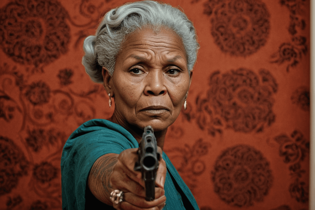AI generated: Brilliant and Dramatic Portrait Photography a close-up old African woman with gun, baroque hair,((te...