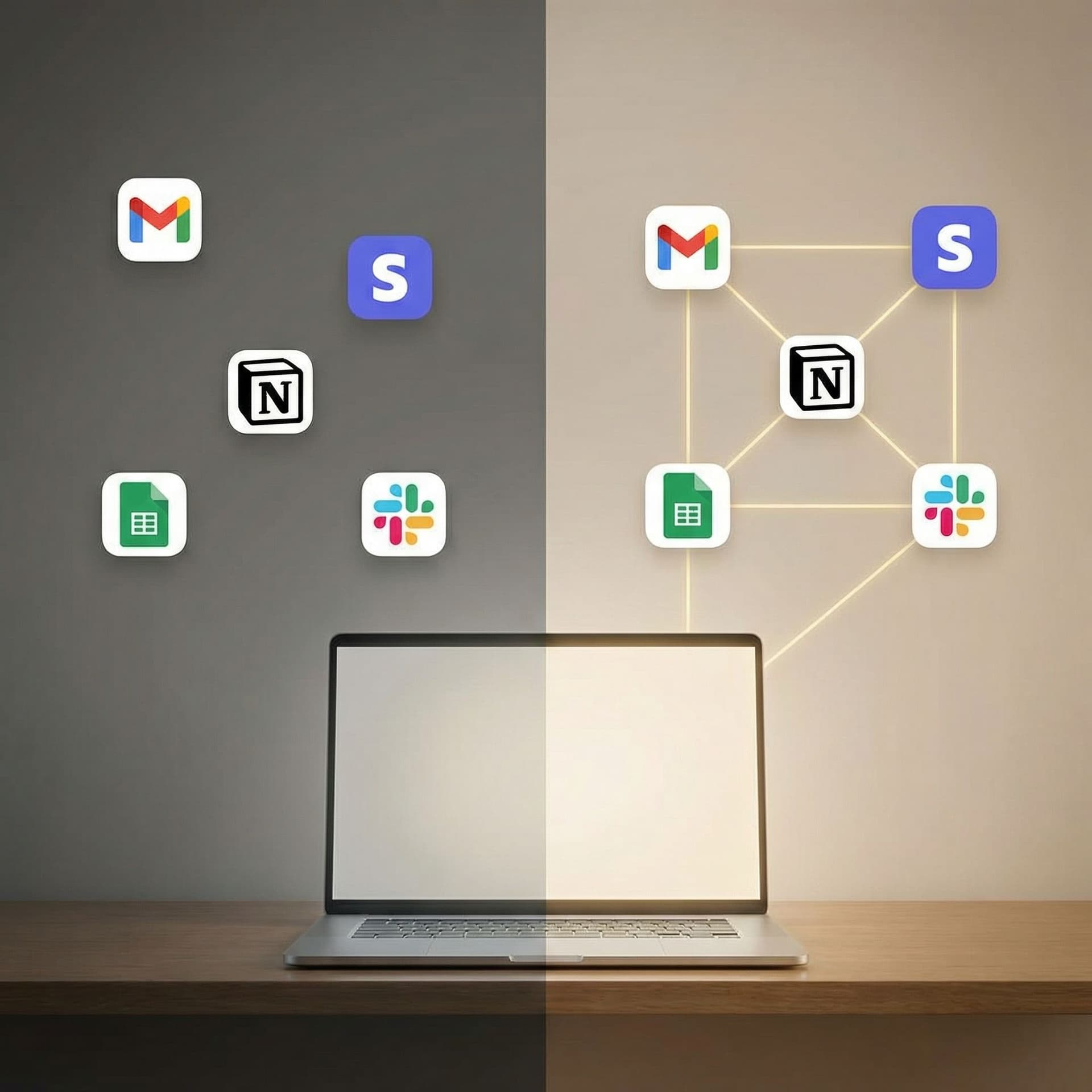 AI generated: Ultra-minimalist split-screen advertising image.
Left side: isolated app icons (Gmail, Stripe, Notio...