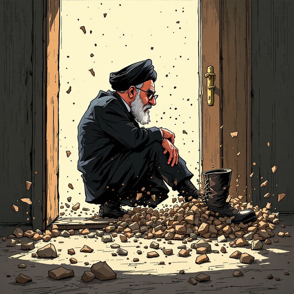 AI generated: Khamenei Ali, throw them out of the door by foot and he is very depressed and lust illustration, car...