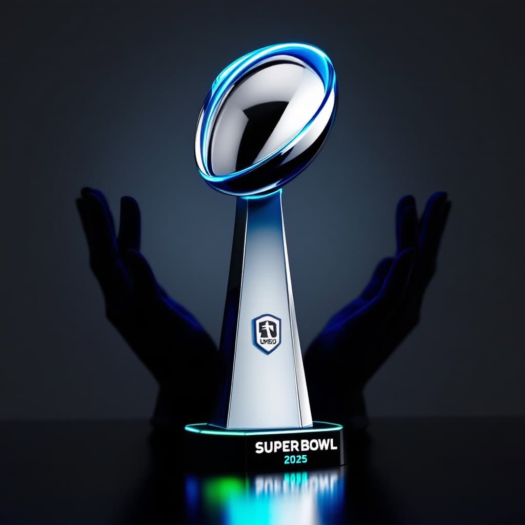 AI generated: TROFEO DE SUPERBOWL BIOLUMINICSENTE AZUL  UHD 3D  2025 MINIMALISTA HECHO CON MANGUERAS HIDRAULICAS N...