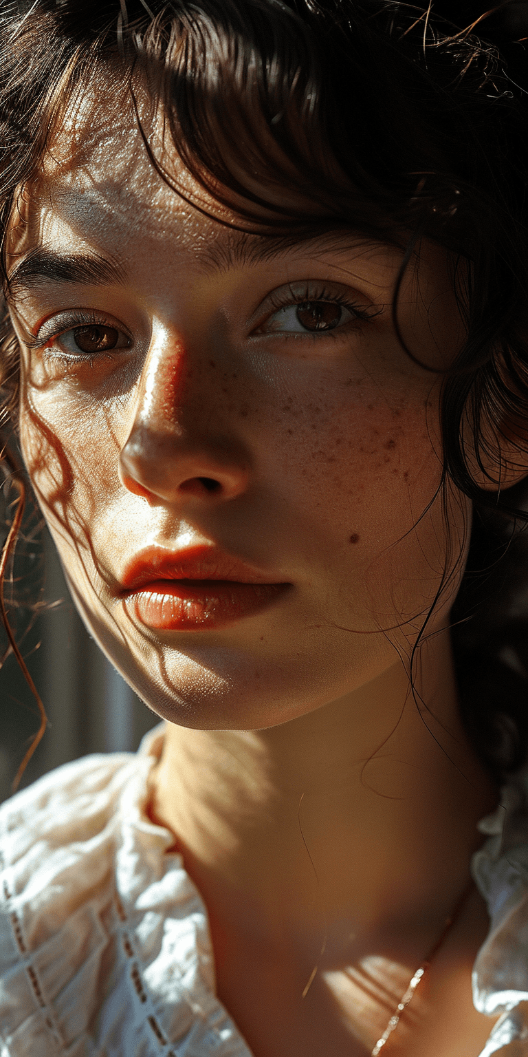 AI generated: the face of a woman with brown eyes, in the style of yigal ozeri, light navy and light gray, patrick...