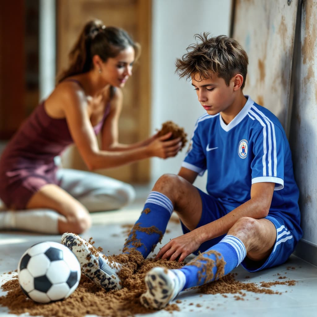 AI generated: Foto de Justin biber de 13 años con uniforme de fútbol soccer azul marino calcetas arriba sin calzad...