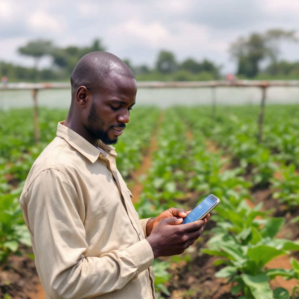 AI generated: A Nigerian farmer using a smartphone to access weather forecasts and market prices, standing in a fi...
