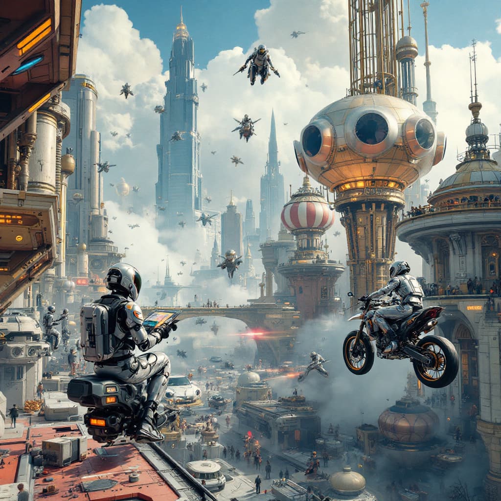 AI generated: fun
 hyperrealistic futuristic cityscape with flying cars, robots and people wearing silver suits an...