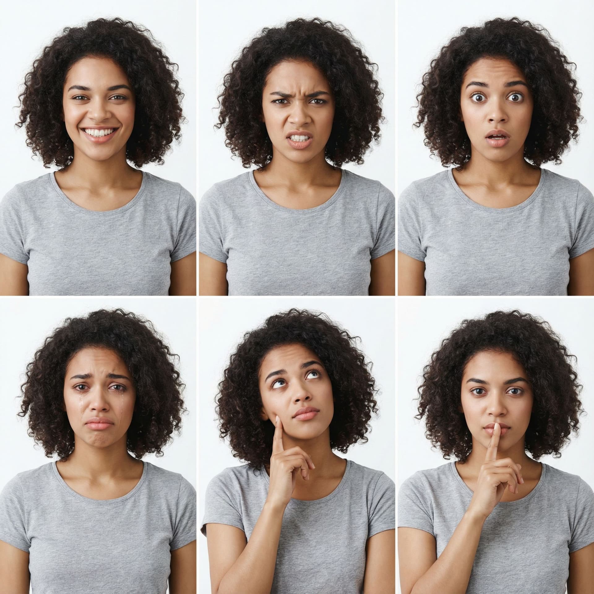 AI generated: A realistic studio portrait collage of the same young girl expressing six different human emotions, ...