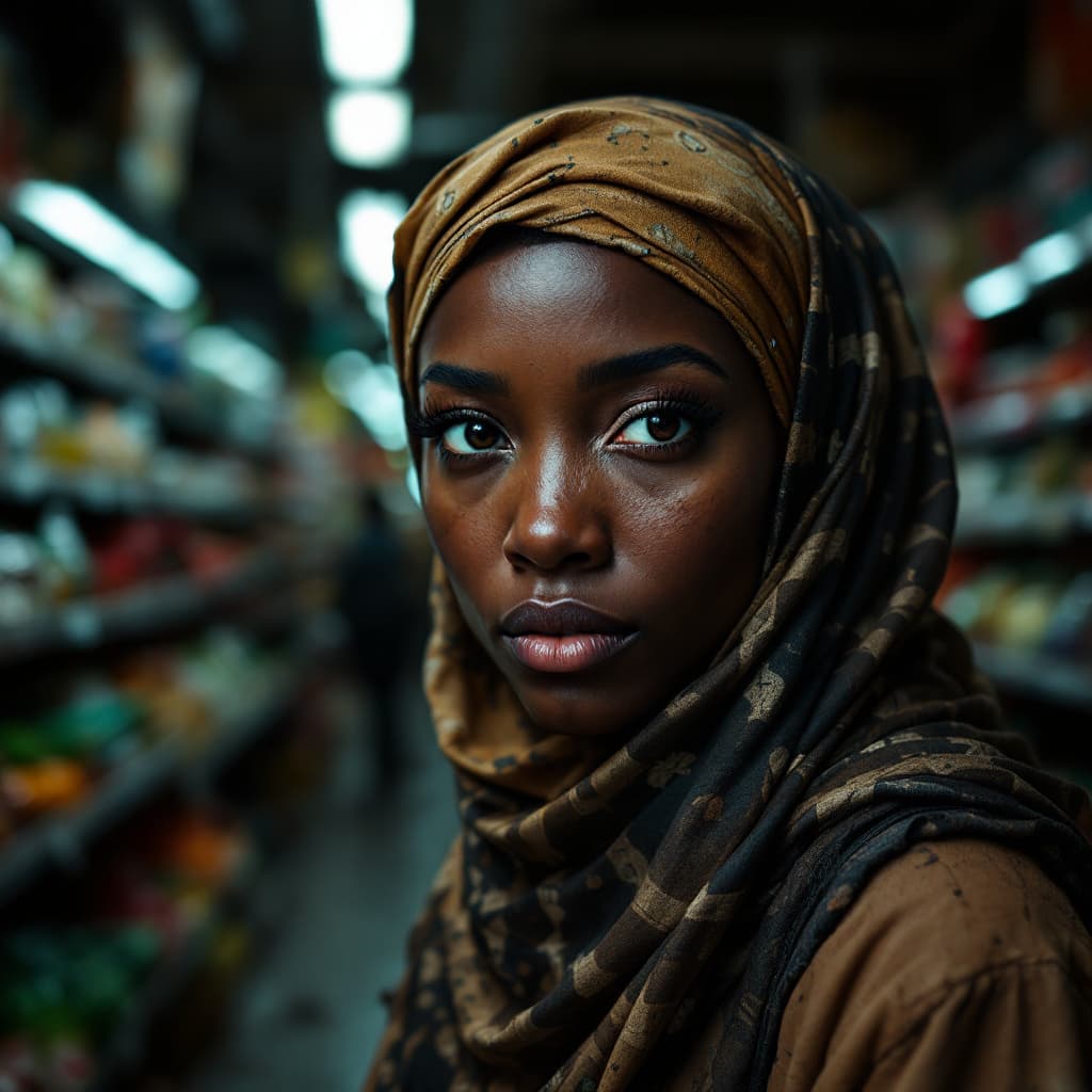 AI generated: Hyper realistic eye photo of dirty attractive black woman with head scarf inside filthy grocery stor...