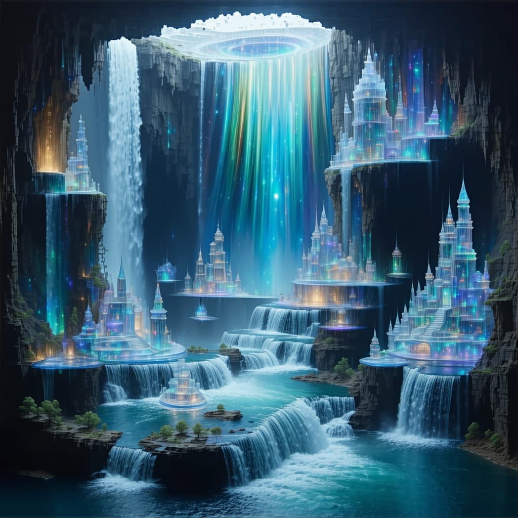 AI generated: A massive waterfall flows upward from the center of the Earth to beyond the atmosphere, carrying ent...