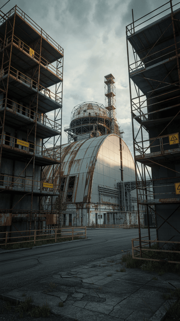 AI generated: Ultrarealistic photo of the old Chernobyl Reactor No. 4, partially destroyed and covered by a decayi...