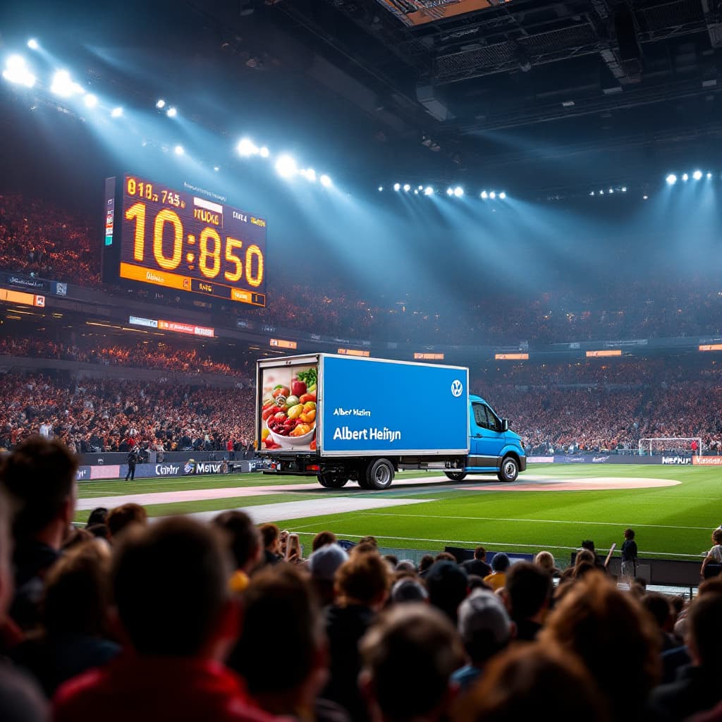 AI generated: A large, digital scoreboard in a the Merkur Spiel-Arena shows a AD of a Volkswagen Crafter box truck...