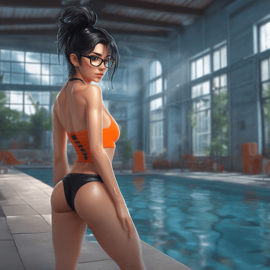 AI generated: wet, from behind, realistic ultra high quality photo, gorgeous french woman, short, small round glas...