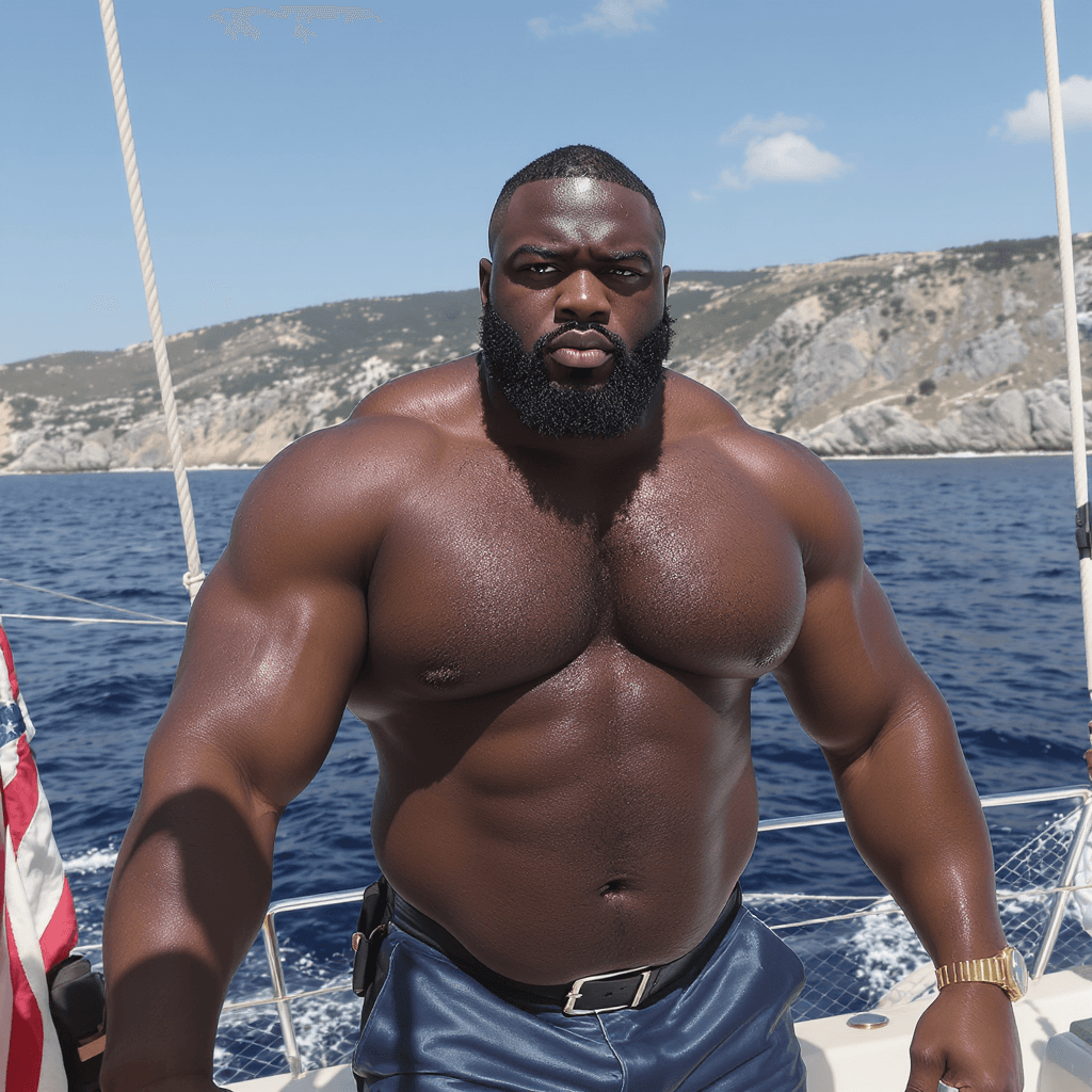 AI generated: 28 year old heavy set african american male on yacht in croatia. Fly over in unreal engine style 