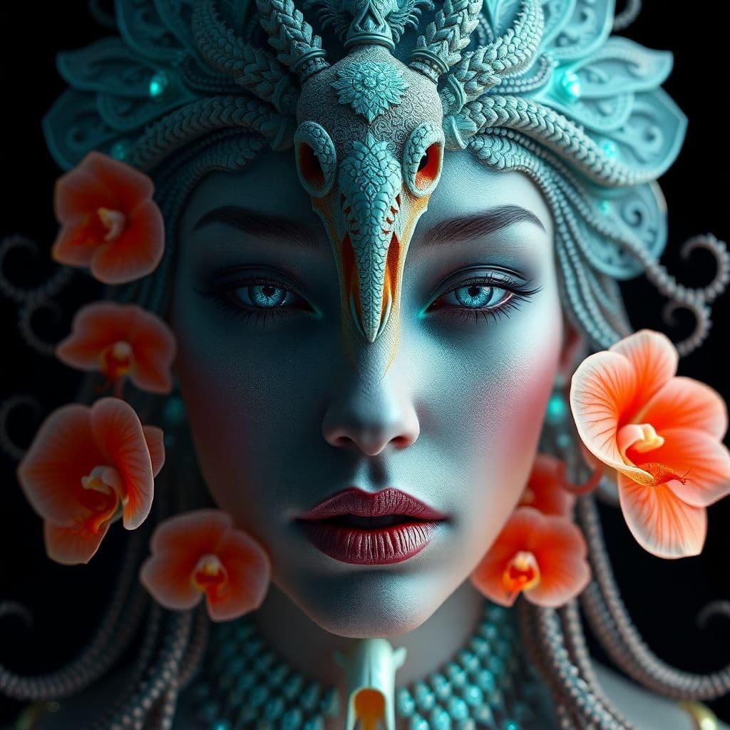 AI generated: Goddess close-up portrait ribcagel. jellyfish phoenix head, nautilus, orchid, skull, betta fish, bio...
