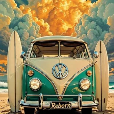 AI generated video: billowing clouds move slowly in the background as waves and surf crash behind the bus