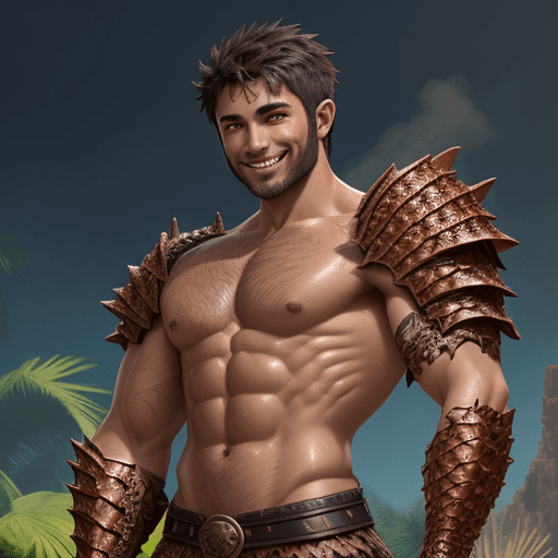 AI generated: A dark short hair man, draconic armour, scruffy, scales, shirtless, brown normal eyes, bright oasis ...