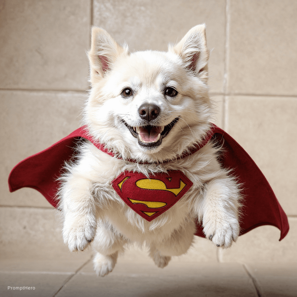 AI generated: white dog like the reference, flying happy like a superhero 