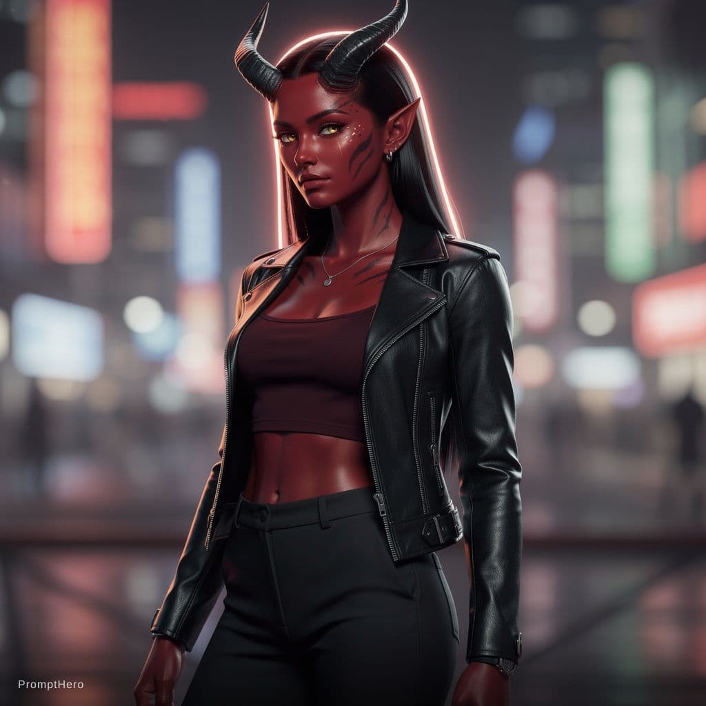 AI generated: slim demon girl with red skin and sleek horns. she is wearing sheer clothes