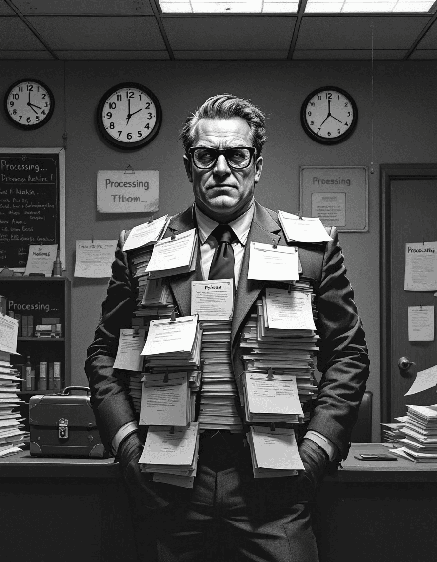 AI generated: A mundane-looking man in a cheap business suit standing confidently in a government office, going by...