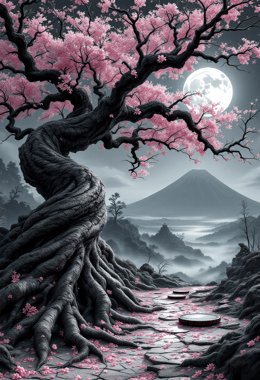 AI generated: An ancient, gnarled sakura tree with twisted trunk (hyper-detailed bark: deep grooves, lichen patche...