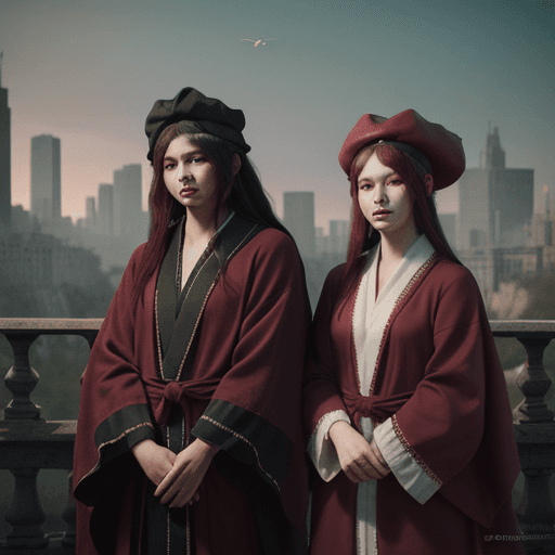AI generated: a picture of two people, wearing cloth hats and robes, in the style of realistic animal portraits, u...