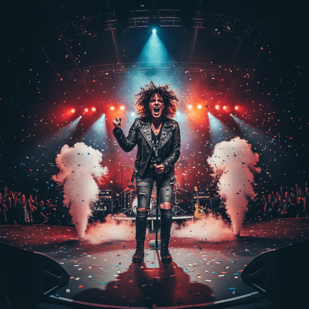 AI generated: powerful female rock singer on stage, expressive face, wild tousled hair, leather jacket, dramatic s...