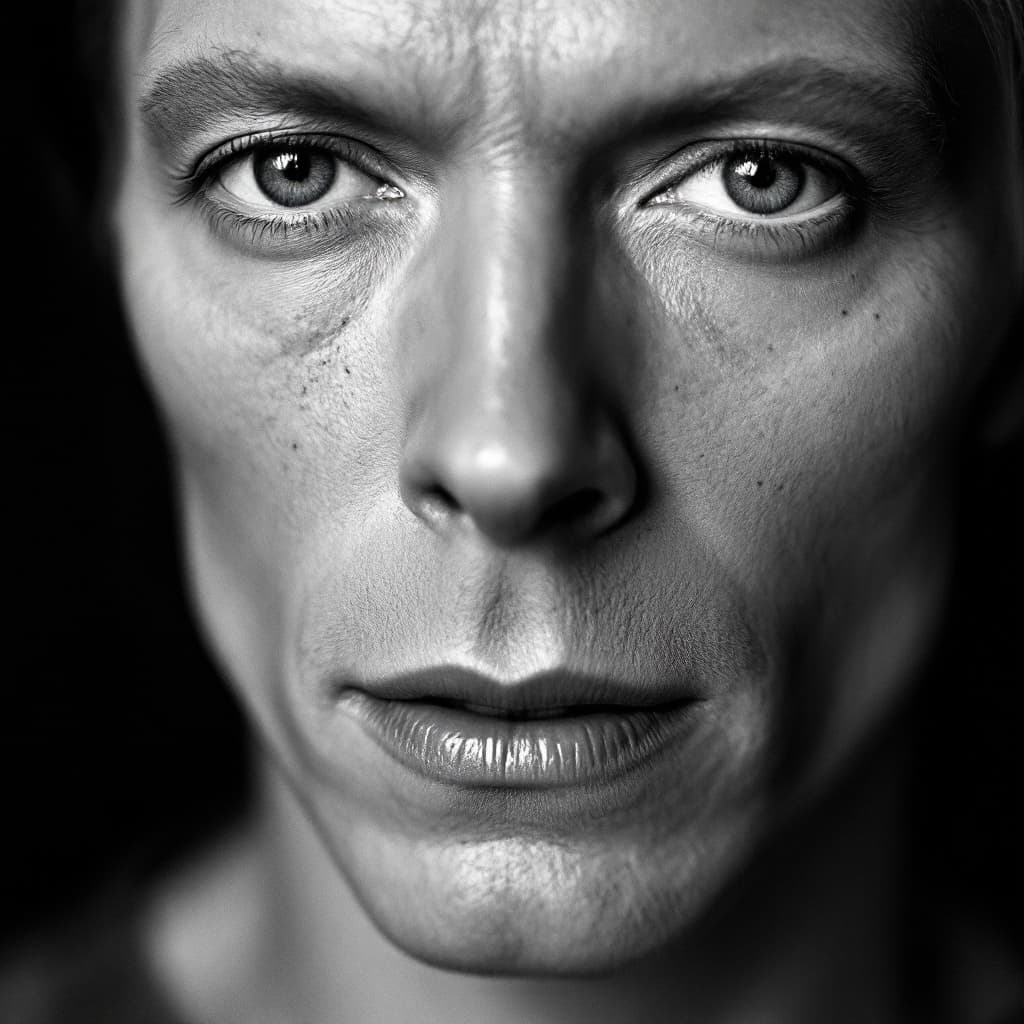 AI generated: David Bowie full face straight to camera black and white high-resolution photography, ultra-realisti...