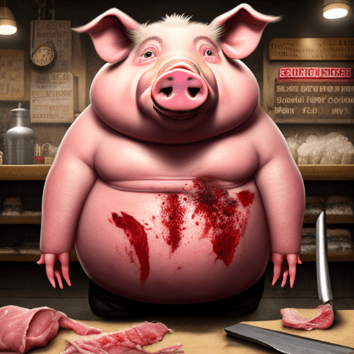 AI generated: a pig that is fat that works as a Butchers that sells humans part in the background, a creepy smile,...