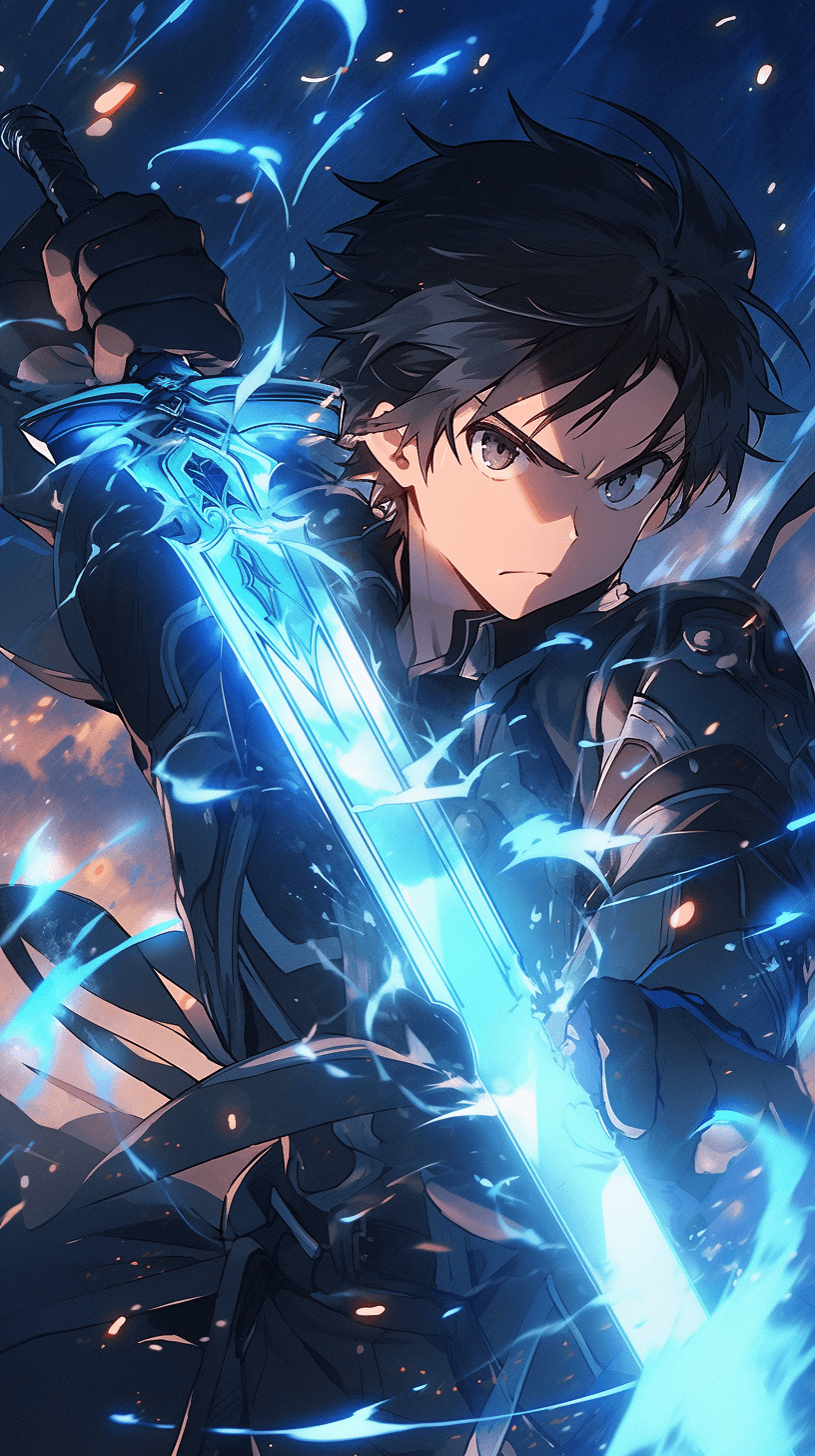 AI generated: Anime SAO. leader of a party of brave men. A swordsman dressed in black. He attacks his enemies with...