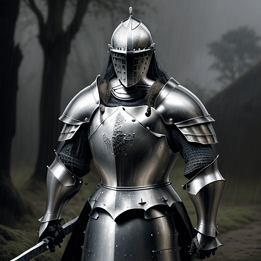 AI generated: Generate a hyper-realistic portrait of a knight standing in a dense forest near a medieval village. ...