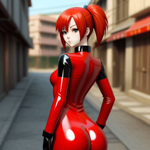 AI generated: anime style, semi 3d style girl, blurry street back ground, red hair, tight latex, facing camera

