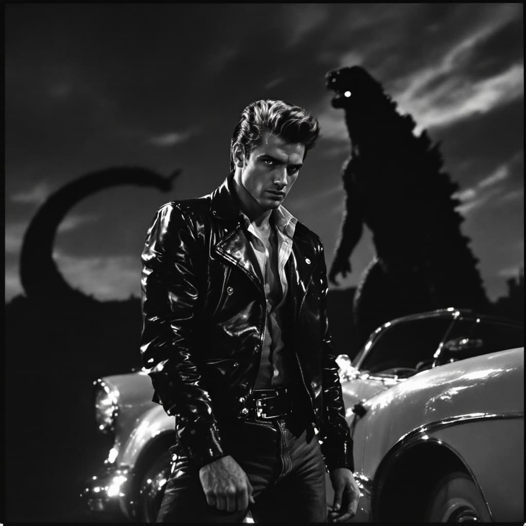 AI generated: "Depict a dramatic black-and-white 1950s action movie scene, photographed in the style of vintage fi...