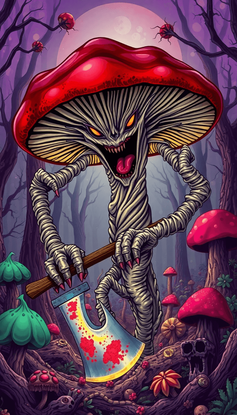 AI generated: A chaotic, vector horror art scene of a diverse background, In the dark underbelly of a psychedelic ...