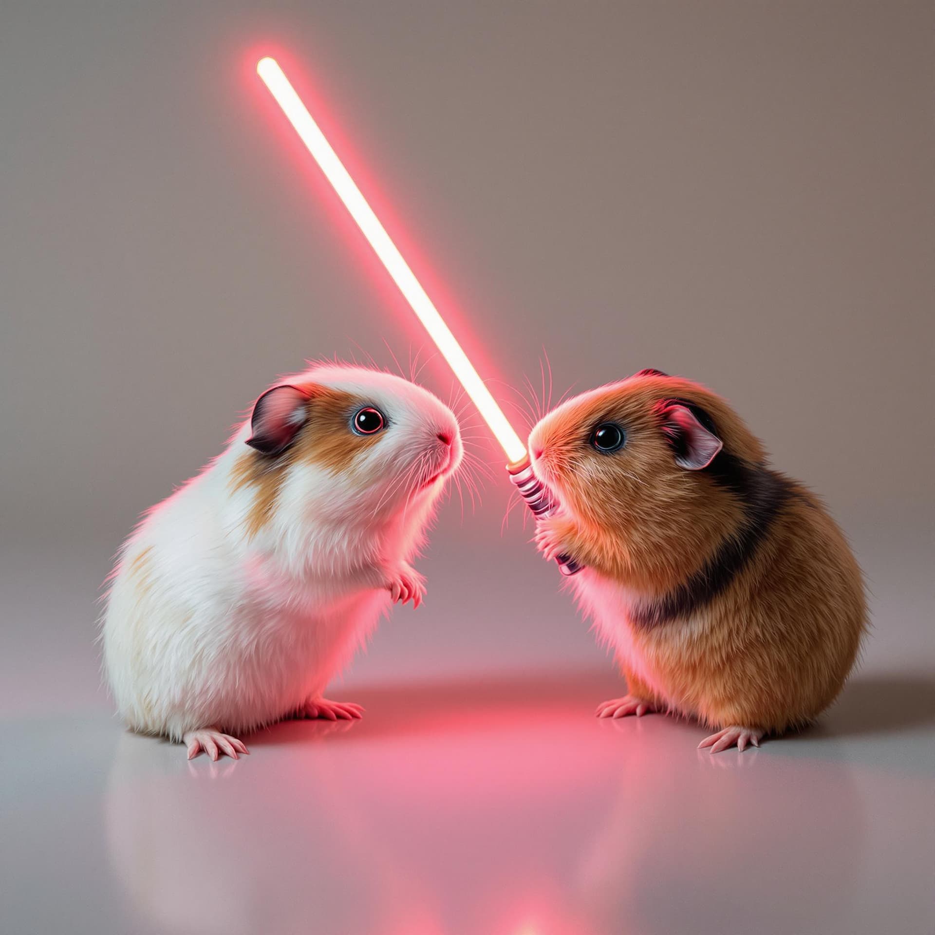 AI generated: A whimsical scene unfolds: guinea pigs have stumbled upon lightsabers, engaging in an unlikely, chee...