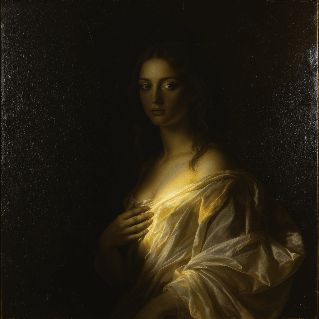 AI generated: 
diaphanous ivory robe slipping off one shoulder::1.4  
dramatic chiaroscuro with deep shadow enve...
