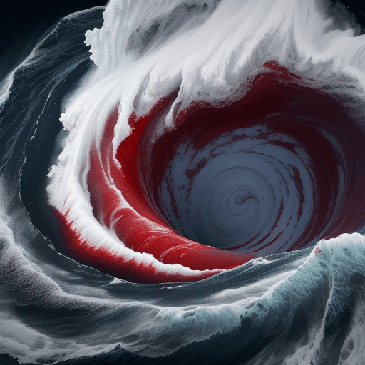 AI generated: image of a sea composed entirely of red liquid, with waves and ripples. In the center, there's a sma...