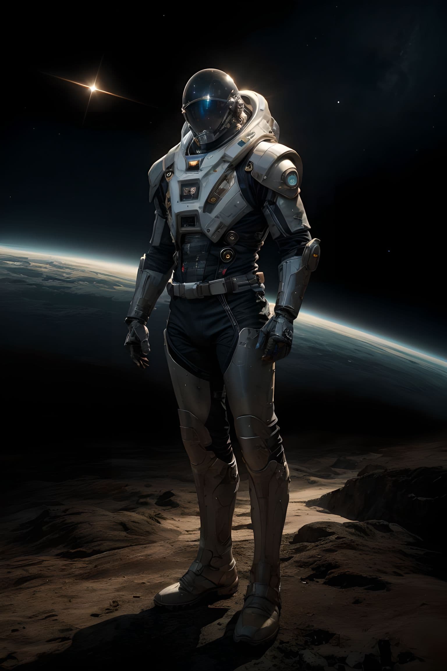 AI generated: RAW photo, realism, realistic, (hdr:1.5), 4k UHD resolution, (Royal Galactic Explorer Suit:1.2), (Ex...