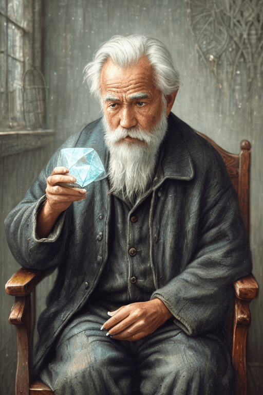 AI generated: (( [absolutely depressed | crying] )) poor old fisherman sitting on a chair, holding a (( (palm-size...