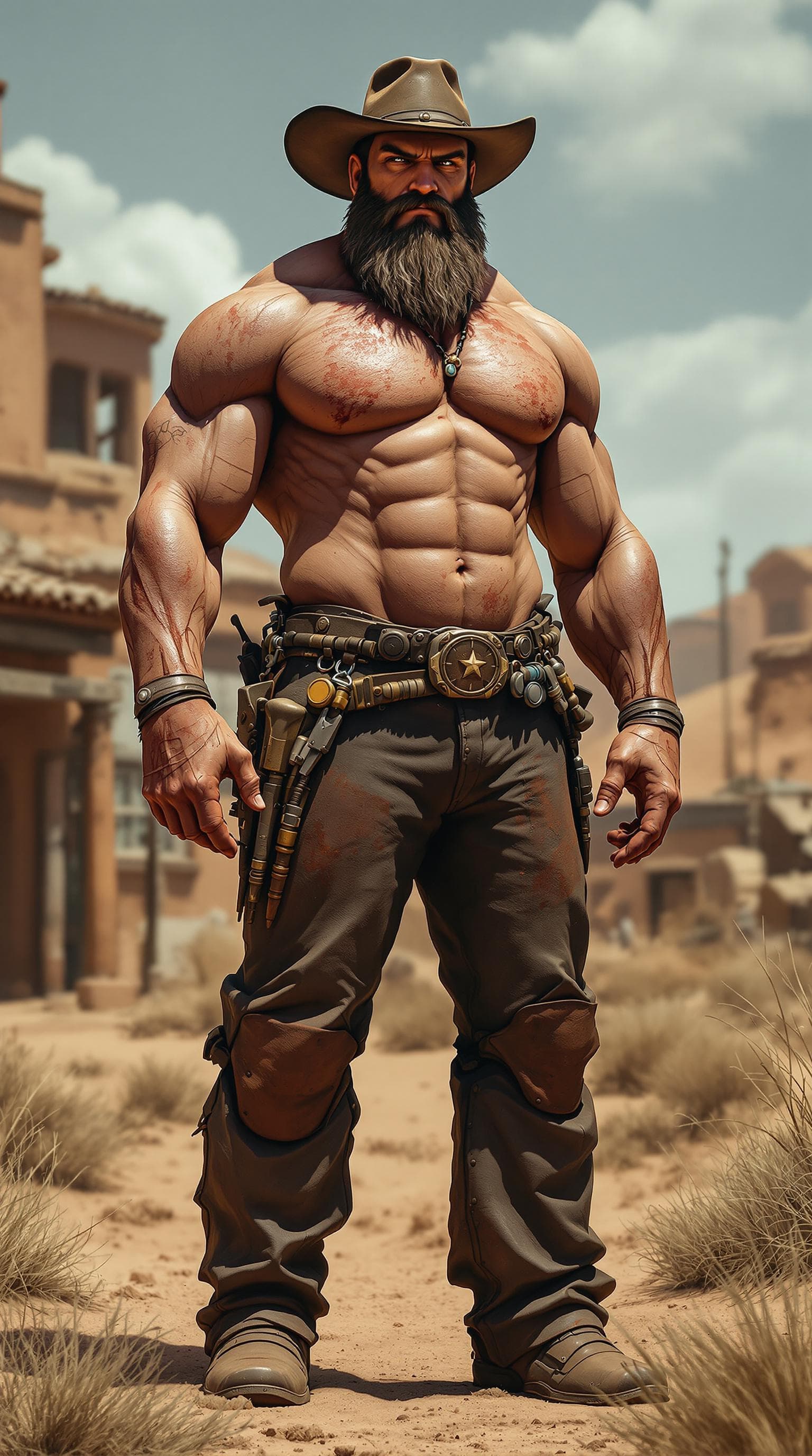 AI generated: rusty cowboy standing, muscular body, 
two meters giant size, dressed like cowboy with beard without...