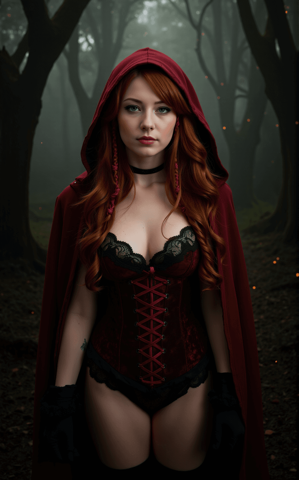 AI generated: In the heart of a dark and mysterious forest, Red Riding Hood embarks on her journey, surrounded by ...