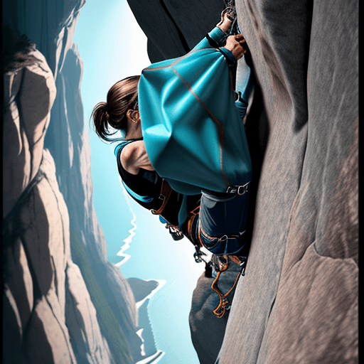 AI generated: Craft a hyper-realistic image of a woman rock climbing, captured from a top-down perspective that ac...