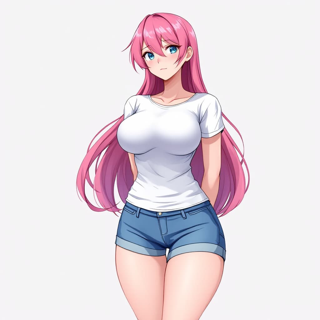 AI generated: anime, woman, pink hair, long hair, blue eyes, white t shirt, tight t shirt, blue shorts, bare feet,...