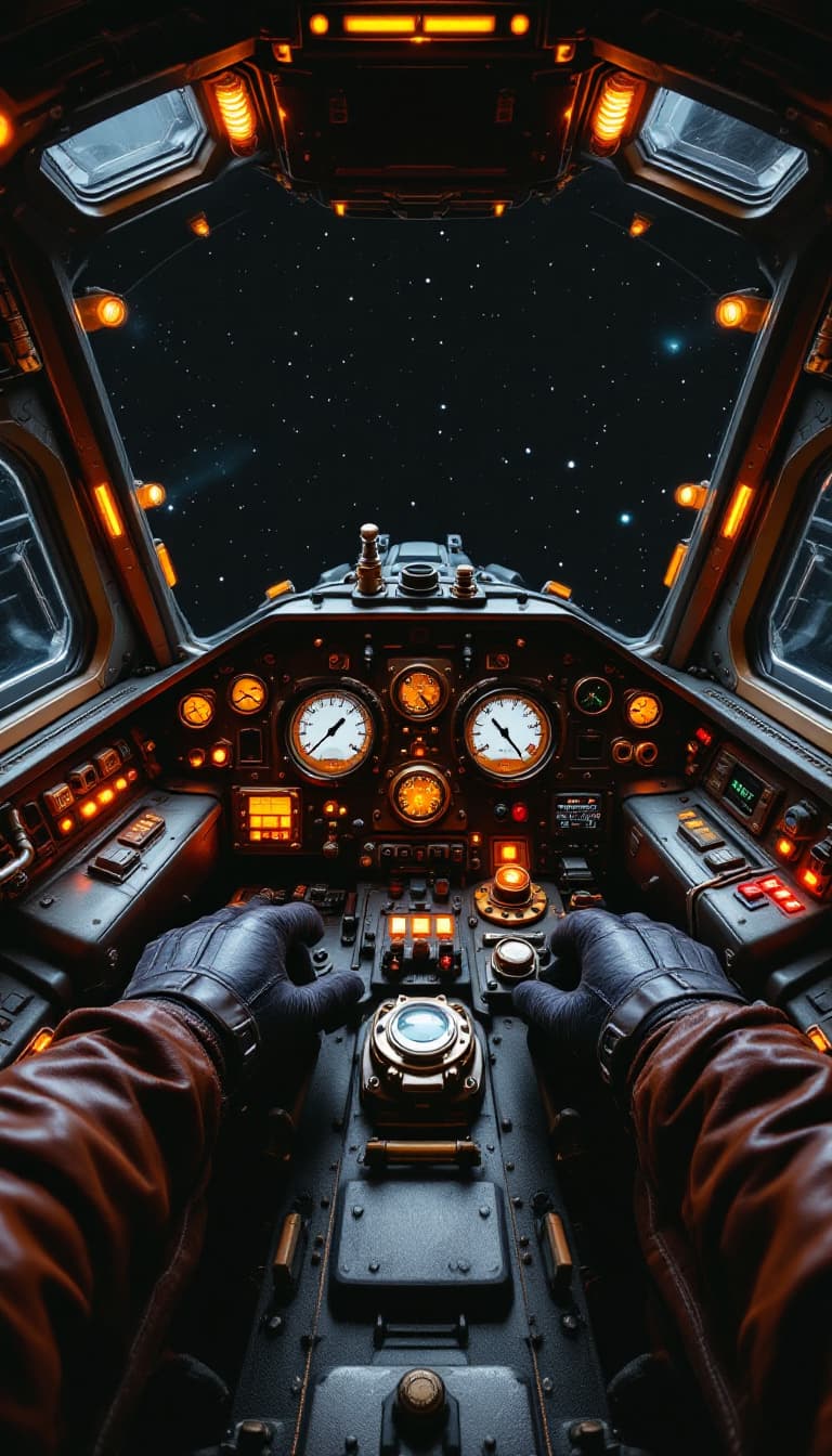AI generated: First-person POV from the cockpit of a large steampunk-inspired spacecraft. The camera is fixed as i...