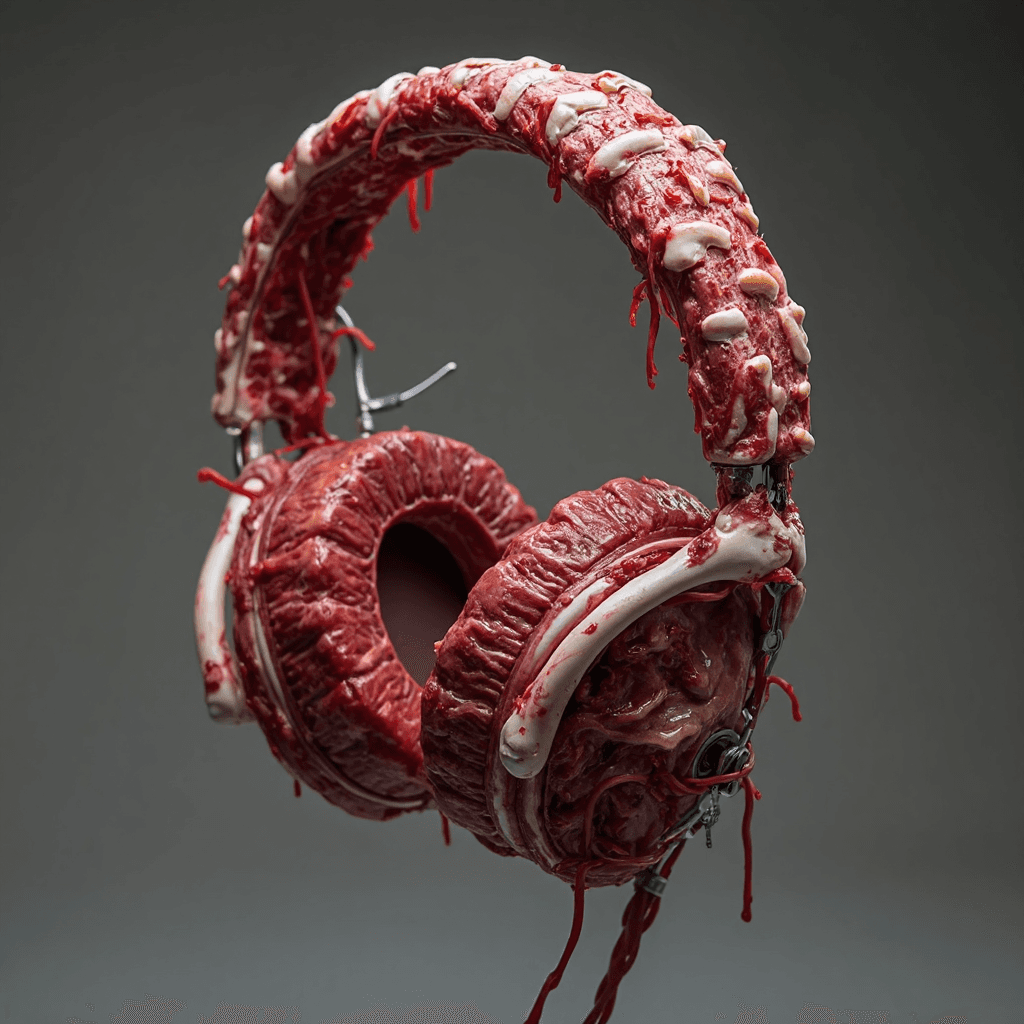 AI generated:  a music headset replicating  human raw meat entrails bones structure body-(horror styled raw meat d...