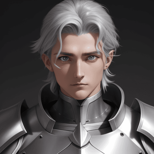 AI generated: paladin human man with silver hears grey big eyes and sheld
