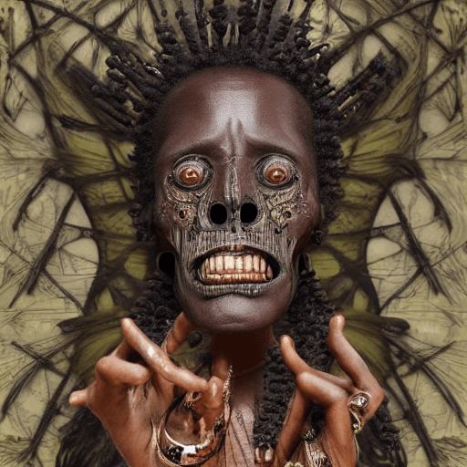AI generated: A voodoo priest in the creepy hut, with dark complexion skin, yellow eyes, symmetrical features, cre...