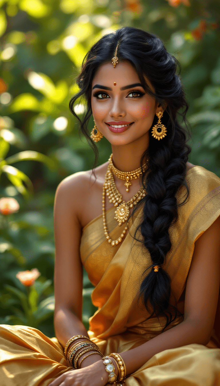 AI generated: /imagine prompt: A beautiful Indian woman with flawless bronze skin, expressive almond-shaped brown ...
