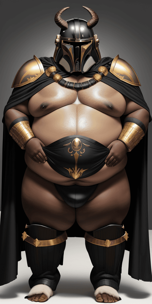 AI generated: human male, obese, dark skin, Mandalorian Stormbringer helmet in black and gold, shirtless, white-fu...